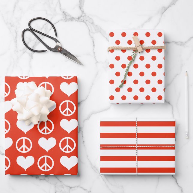 Feuille De Papier Cadeau Paix moderne + Amour Rouge Blanc Noël (Recto)