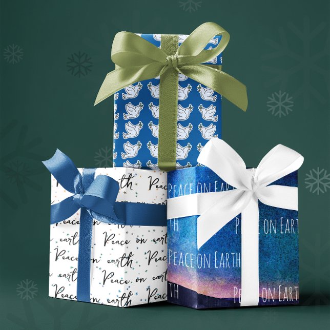Feuille De Papier Cadeau Paix sur Terre Bleu Blanc Dove Motif Noël (Créateur téléchargé)