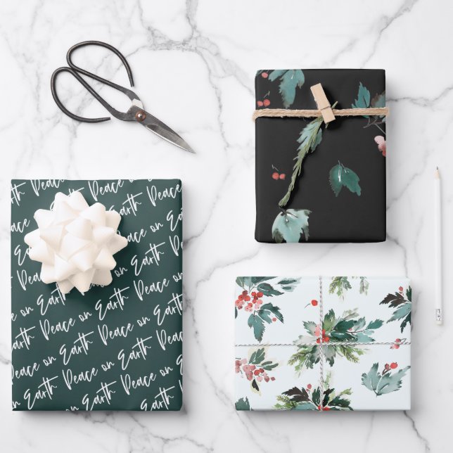 Feuille De Papier Cadeau Paix sur Terre Hiver Botanique Berry Motifs (Recto)
