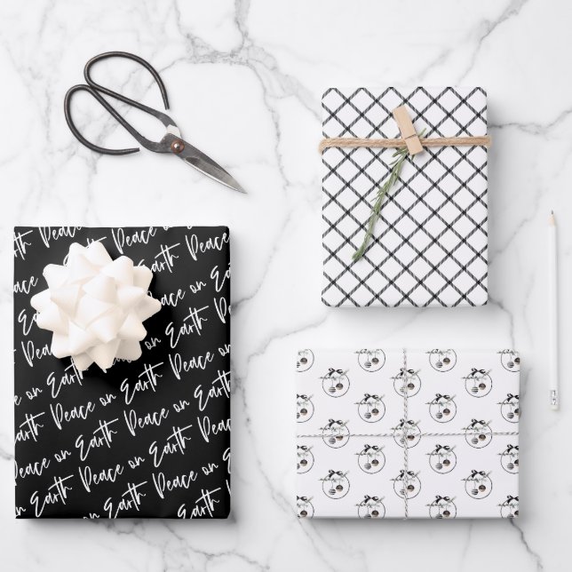 Feuille De Papier Cadeau Paix sur Terre Hiver Motif noir (Recto)