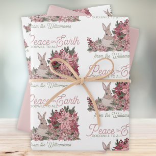 Feuille De Papier Cadeau Paix sur Terre Rabbit en Fleurs Noël