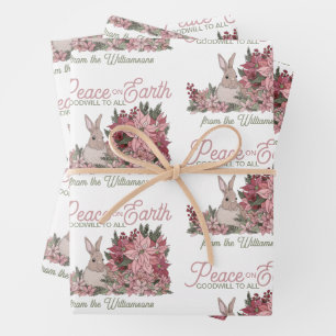 Feuille De Papier Cadeau Paix sur Terre Rabbit en Fleurs Noël