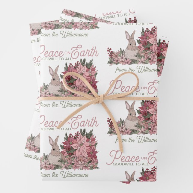 Feuille De Papier Cadeau Paix sur Terre Rabbit en Fleurs Noël (En situation)