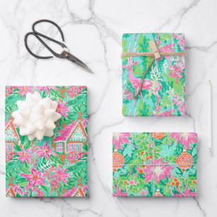 Feuille De Papier Cadeau Palm Beach Aquarelle de Noël rose et vert