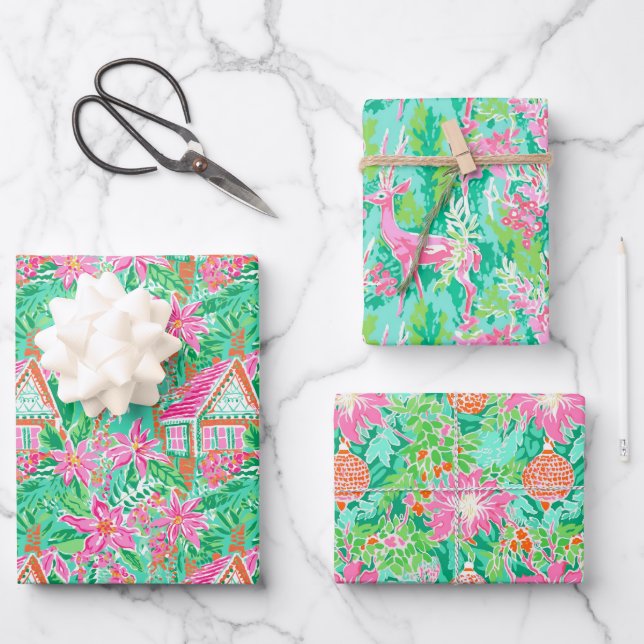 Feuille De Papier Cadeau Palm Beach Aquarelle de Noël rose et vert (Recto)