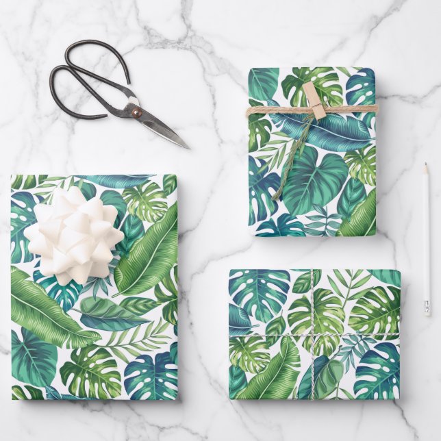 Feuille De Papier Cadeau Palm vert et Turquoise Tropical Banana Monstera Fe (Recto)