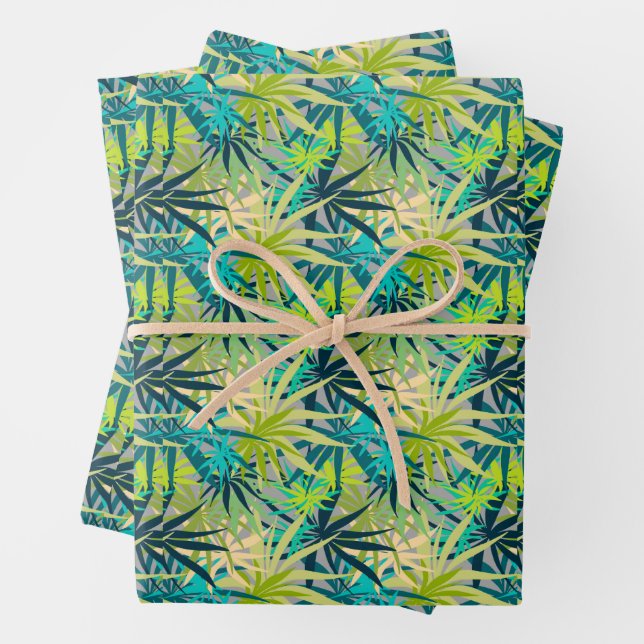 Feuille De Papier Cadeau Palmiers bleus verts tropicaux (En situation)
