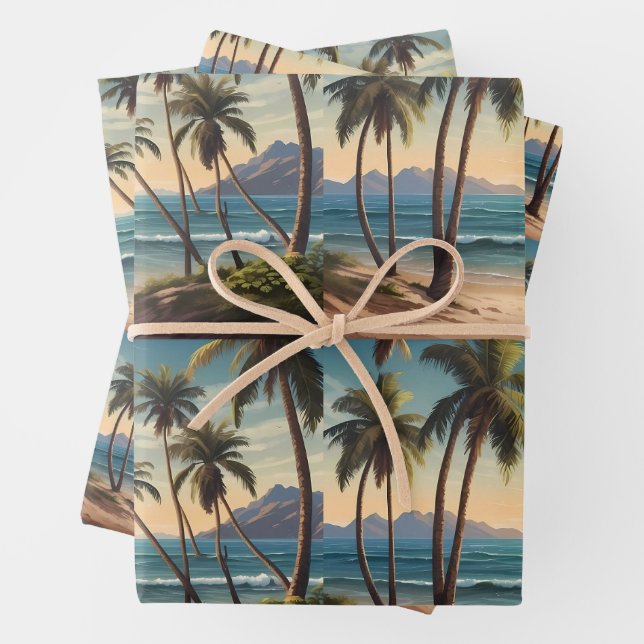 Feuille De Papier Cadeau Palmiers sur une plage d'île surplombant la mer (En situation)