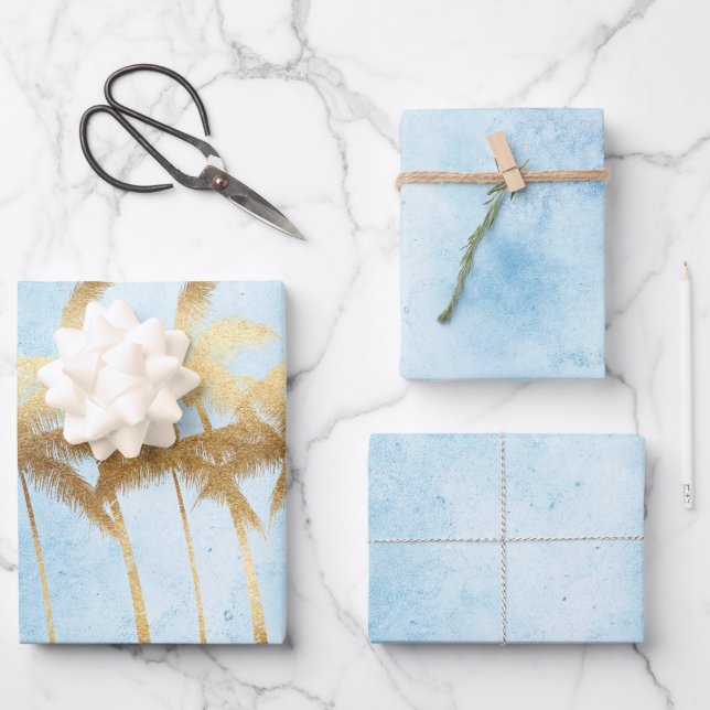 Feuille De Papier Cadeau Palmiers Tropical Bleus  (Recto)