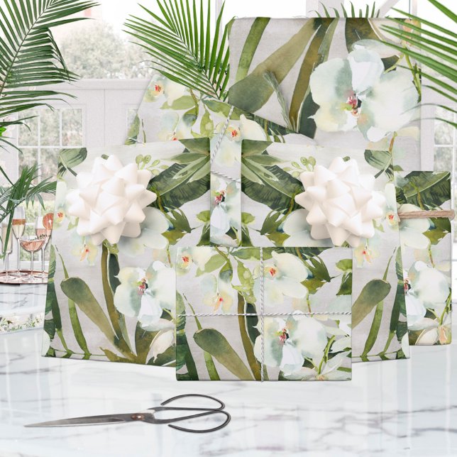Feuille De Papier Cadeau Palmiers tropicaux Jardin d'orchidée blanche Flora (Créateur téléchargé)