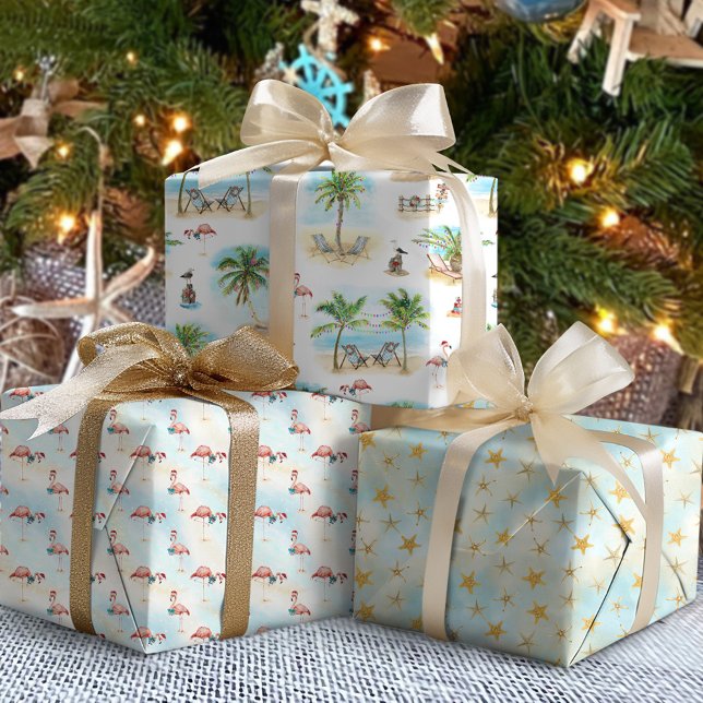 Feuille De Papier Cadeau Palmiers tropicaux Noël de plage (Créateur téléchargé)