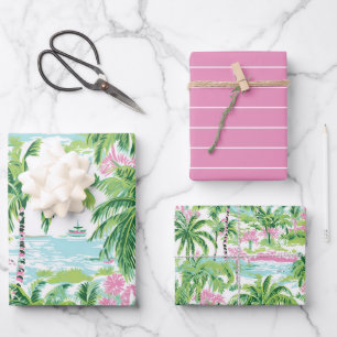 Feuille De Papier Cadeau Palmiers tropicaux roses et verts