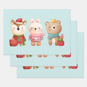 Feuille De Papier Cadeau Pals de Noël - Ours de rennes et lapin