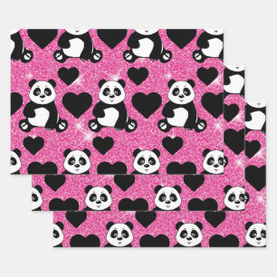 Feuille De Papier Cadeau Panda Bear Amoureux des animaux Black Hearts Pink 