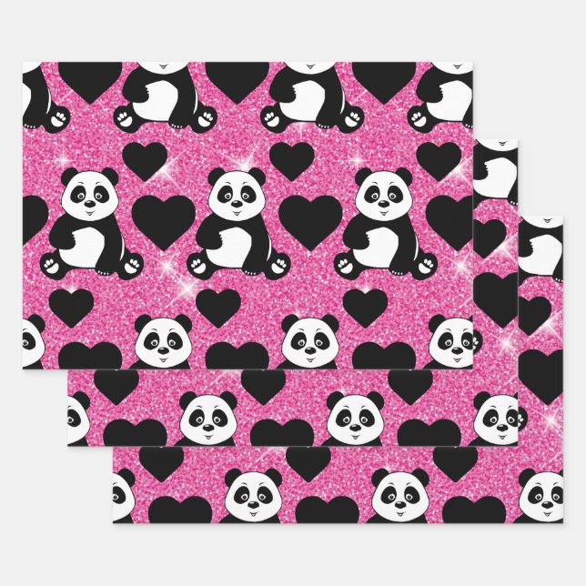 Feuille De Papier Cadeau Panda Bear Amoureux des animaux Black Hearts Pink  (Lot)