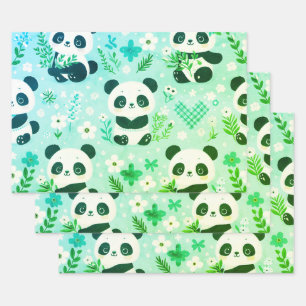Feuille De Papier Cadeau Panda Bear Motif Vert Imprimer