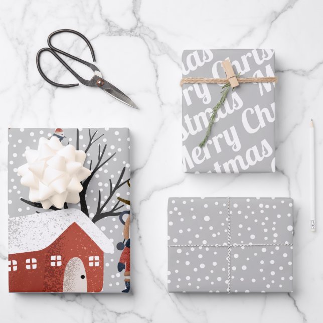 Feuille De Papier Cadeau Panda d'hiver, Joyeux Noël et flocons de neige (Recto)