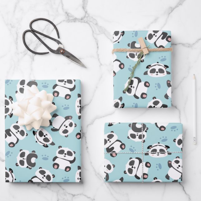 Feuille De Papier Cadeau Panda mignon patte fond cyan (Recto)