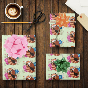 Feuille De Papier Cadeau Panda Rouge Lotus Fleurs Henné