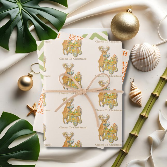 Feuille De Papier Cadeau Panier de Noël de la Chinoiserie Tropicale (Tropical Chinoiserie Christmas Bar cart Wrapping Paper Sheets)