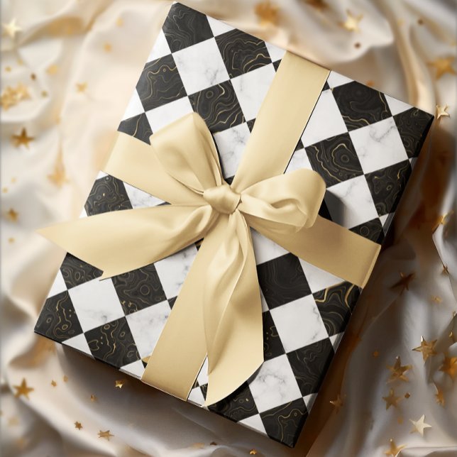 Feuille De Papier Cadeau Panneau de contrôle en marbre blanc noir et or (White Black and Gold Marble Checkerboard Wrapping Paper Sheets)