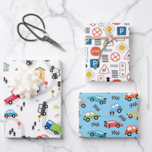 Feuille De Papier Cadeau Panneaux Routiers Voitures Anniversaire