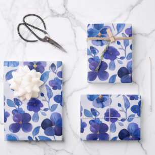 Feuille De Papier Cadeau Pansies de style aquarelle bleu violet imprimé Flo