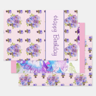 Feuille De Papier Cadeau Pansy Flower rose Frappe floral Joyeux anniversair