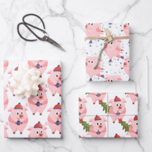 Feuille De Papier Cadeau Papiers d'emballage de cochons de Noël festifs