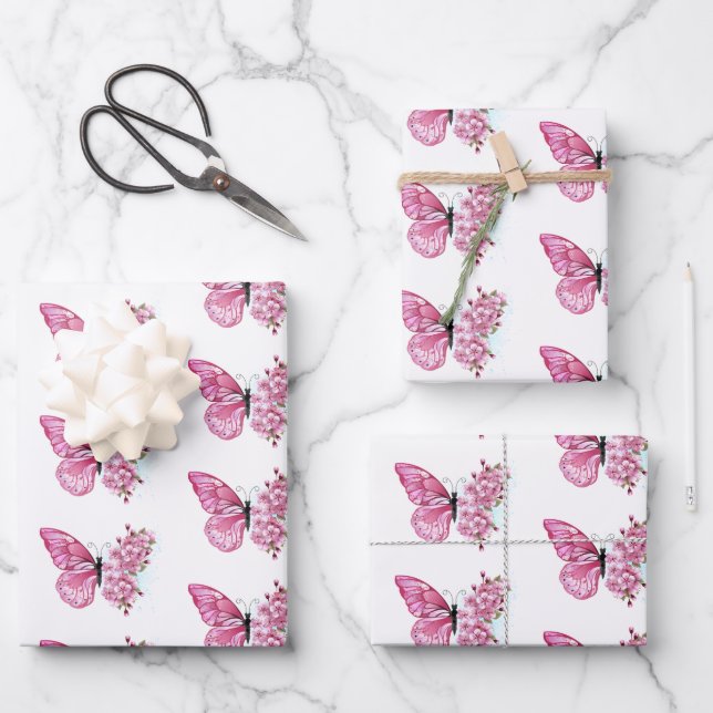 Feuille De Papier Cadeau Papillon à fleurs avec Sakura rose (Recto)