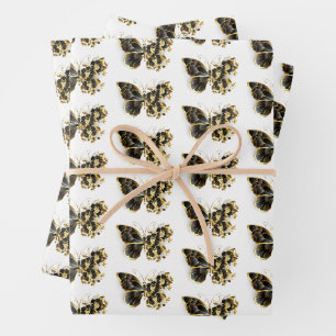 Feuille De Papier Cadeau Papillon à fleurs d'or avec orchidée noire