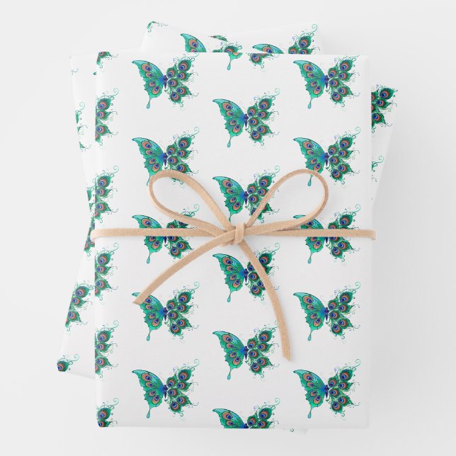 Feuille De Papier Cadeau Papillon aux plumes de paon vert (En situation)
