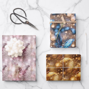 Feuille De Papier Cadeau Papillon brillant rose bleu parties scintillant or