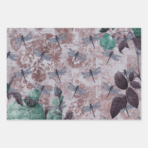 Feuille De Papier Cadeau Papillon de Newsprint à libellules et à fleurs vio