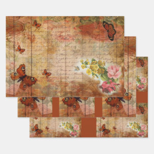 Feuille De Papier Cadeau Papillon d'été rose avec Fleurs Ephemera
