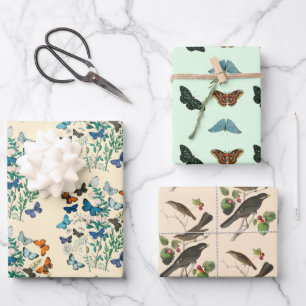 Feuille De Papier Cadeau Papillon floral vintage motif vert rose