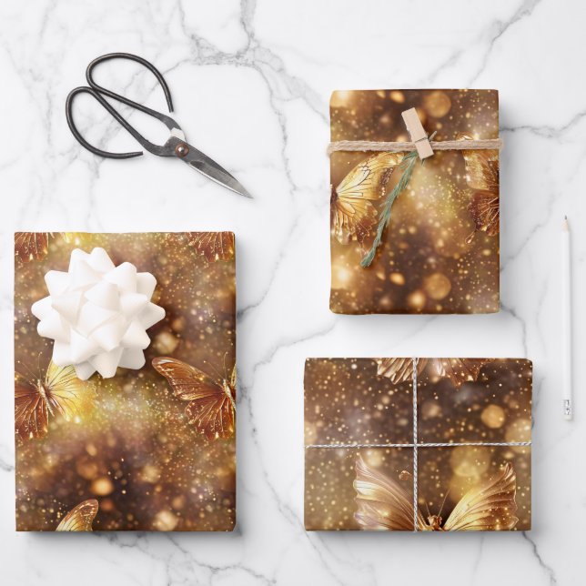 Feuille De Papier Cadeau Papillon magique enchanté or motif sans couture (Recto)