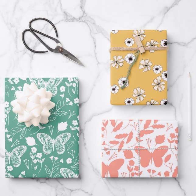 Feuille De Papier Cadeau Papillon Pastel Fleurs Jaunes (Recto)
