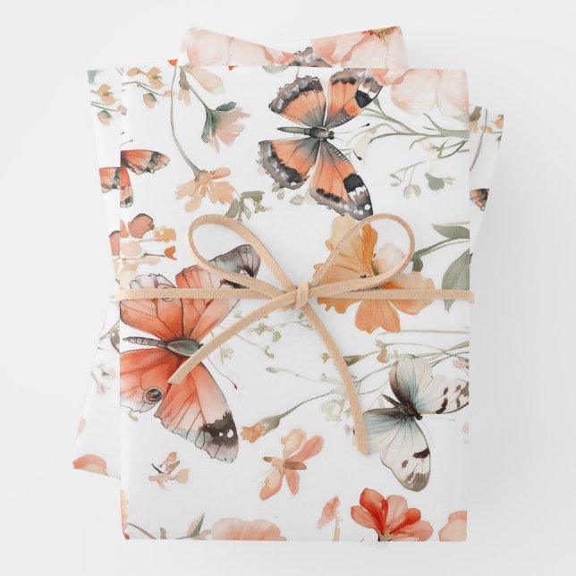 Feuille De Papier Cadeau Papillon Prairie Aquarelle Joli (En situation)