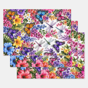 Feuille De Papier Cadeau Papillon Tropical Vibrant et Fleur de Dragonfly