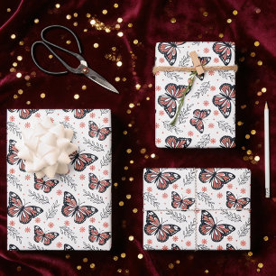 Feuille De Papier Cadeau Papillons Aquarelle Corail rose