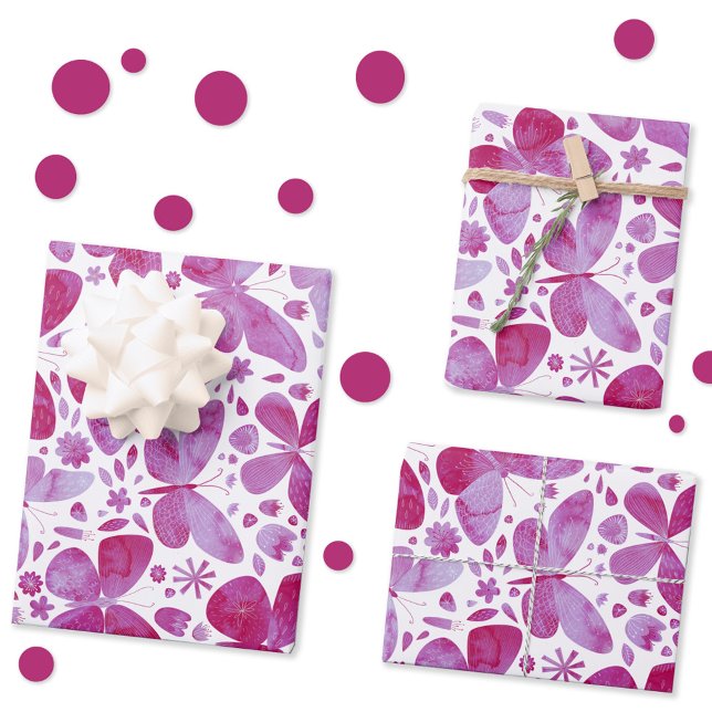 Feuille De Papier Cadeau Papillons Aquarelle Magenta Rose (Magenta pink watercolor butterfly pattern gift wrap paper sheets)