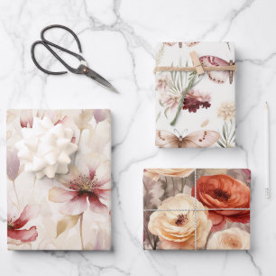 Feuille De Papier Cadeau Papillons aux fleurs blanches rouges bordeaux