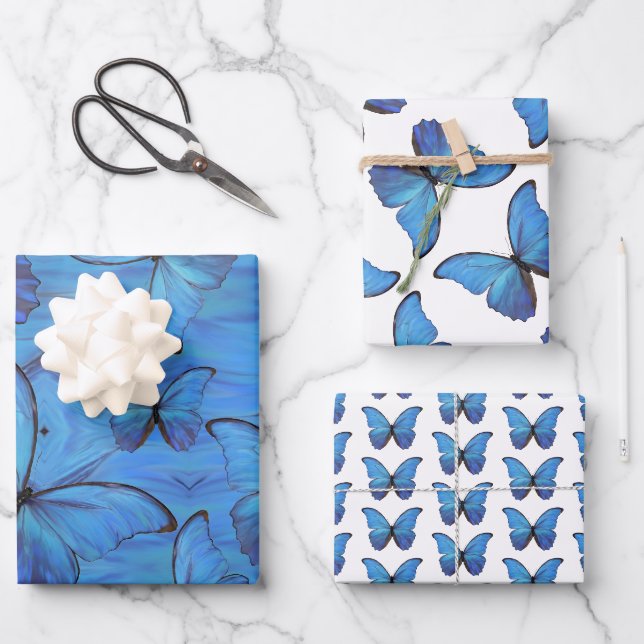 Feuille De Papier Cadeau Papillons de morpho bleu enveloppé (Recto)