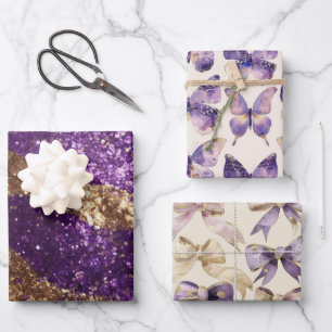Feuille De Papier Cadeau Papillons de Parties scintillant d'or violet Bows 