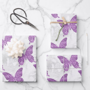 Feuille De Papier Cadeau Papillons en marbre blanc et paillettes violettes