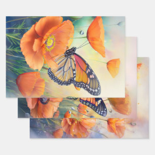 Feuille De Papier Cadeau Papillons et Pavots Orange Botanique