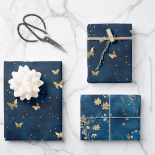 Feuille De Papier Cadeau Papillons Fleurs de Mariage sous le thème Bleu Or