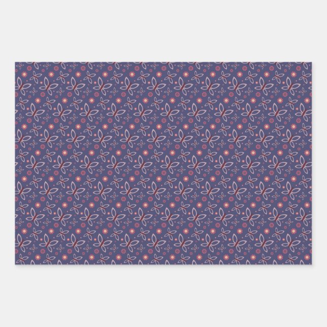 Feuille De Papier Cadeau Papillons fleurs et coeur (Devant)