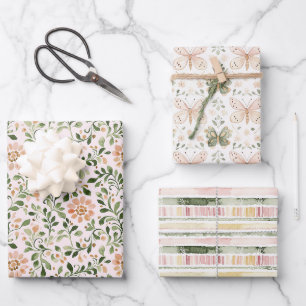 Feuille De Papier Cadeau Papillons Fleurs Rayures Anniversaire Vert Rose